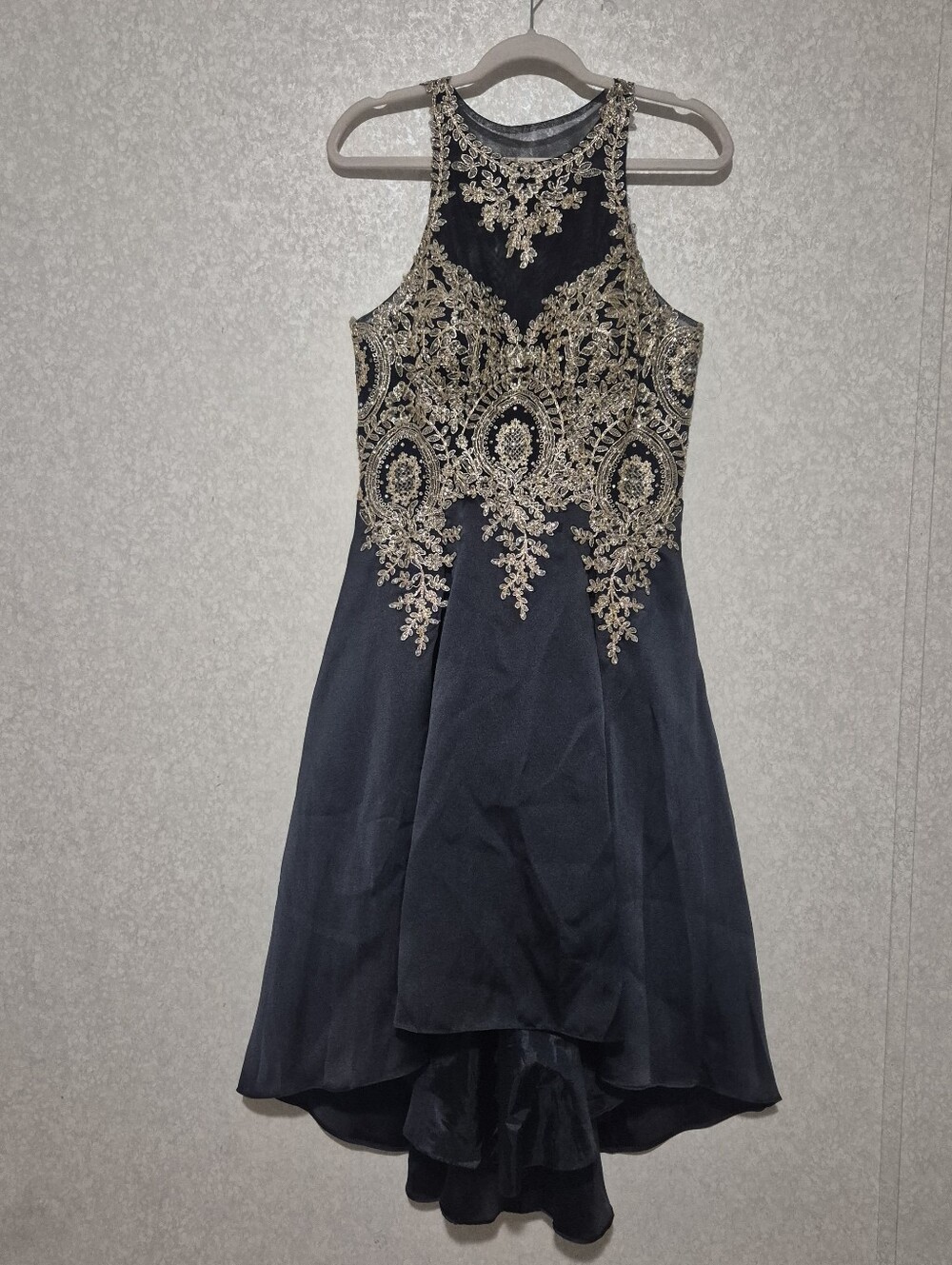 Xscape Black-Gold Embroidered High Low Party Dress-Size:12